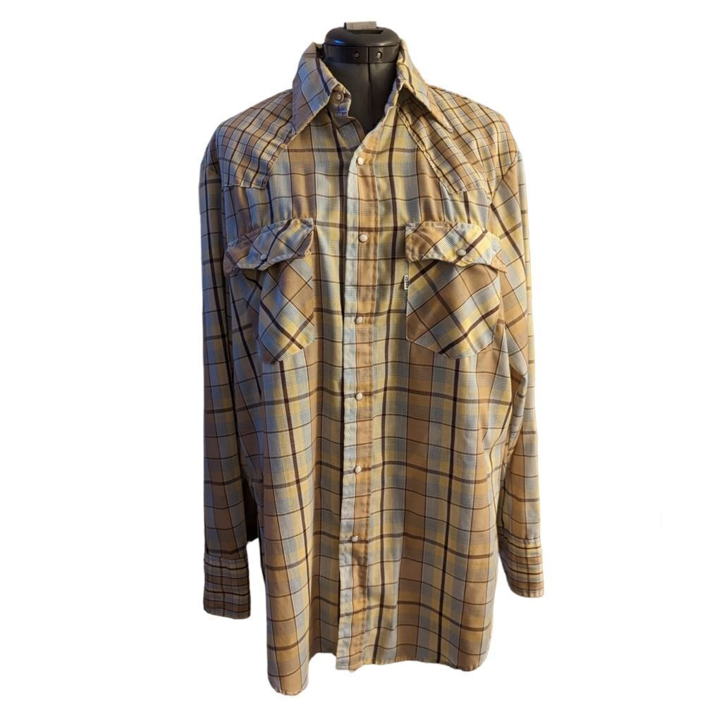 Levi's vintage tan and‎ blue checkered pearl snap button up shirt